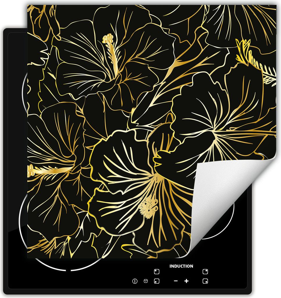 DarHaus Herdabdeckplatte 50x52 cm Anti Rutsch Matte Aufrollbar, schwarz - Blumen