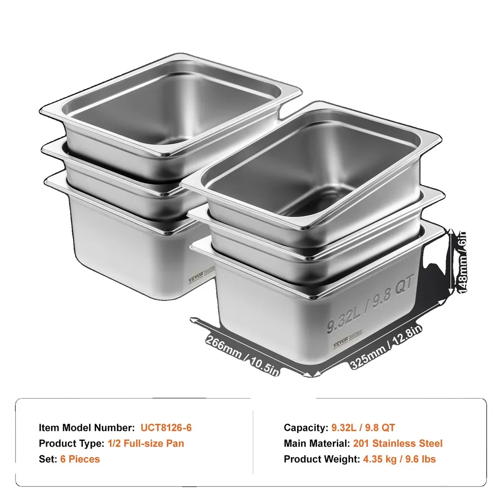 Vassoio Vapore 6 Pezzi 9.8 QT: Acciaio Inox di Alta Qualità per Catering