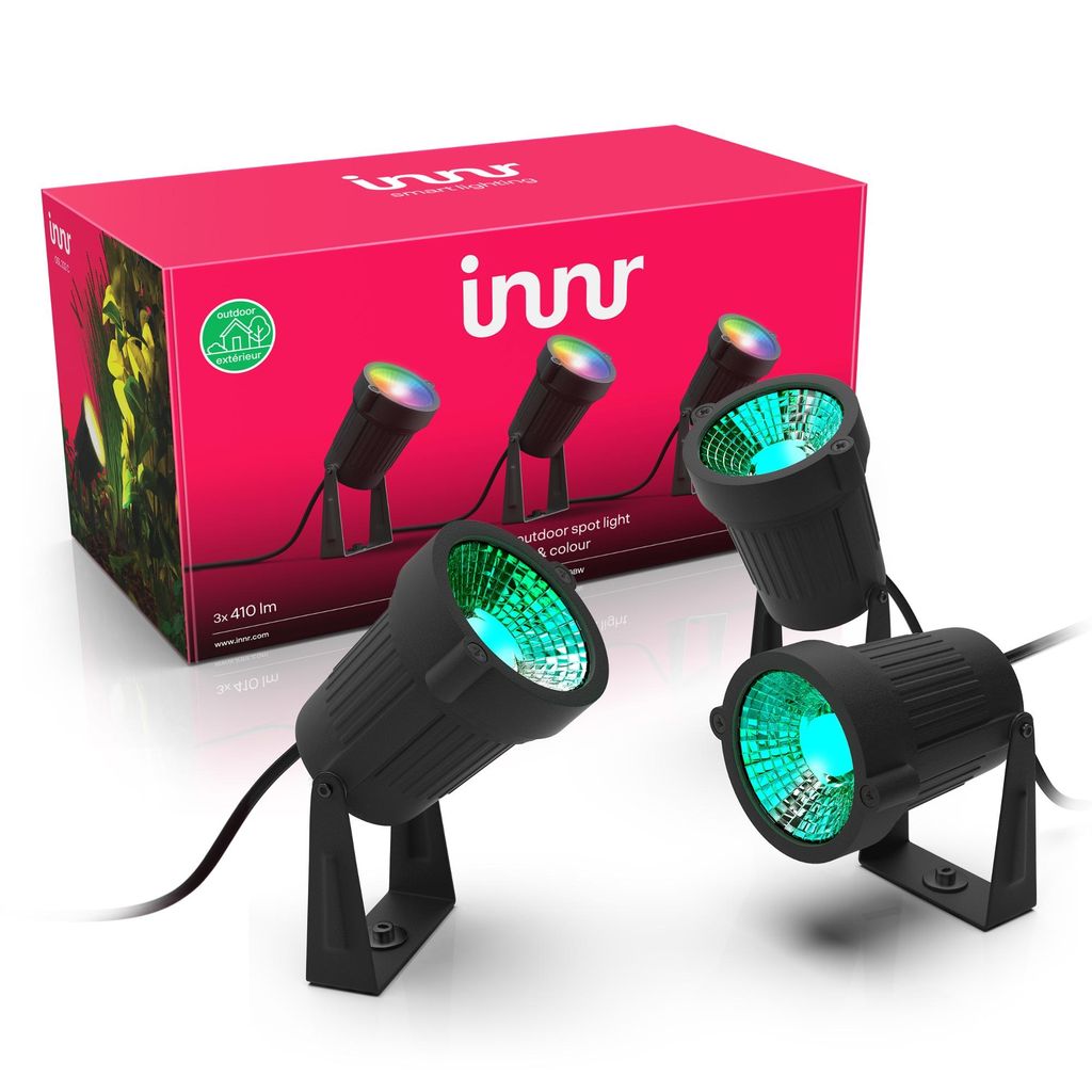 Innr Smart Gartenstrahler Set (3er-Pack), Zigbee, kompatibel mit Hue* & Alexa (Bridge erforderlich), White & Color LED Außenstrahler, IP65 wasserfest
