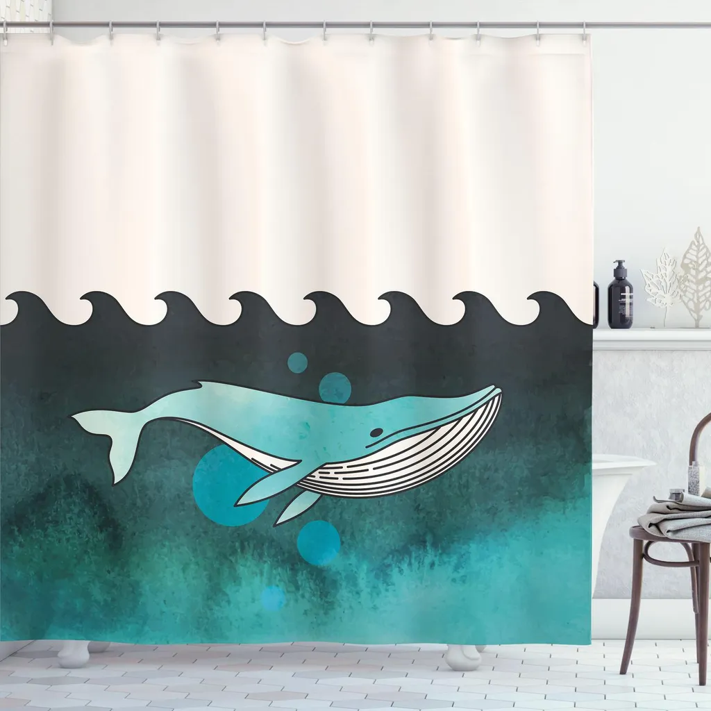 Tenda Bagno ABAKUHAUS Balena Verde Blu 175x240 | Tessuto Lavabile