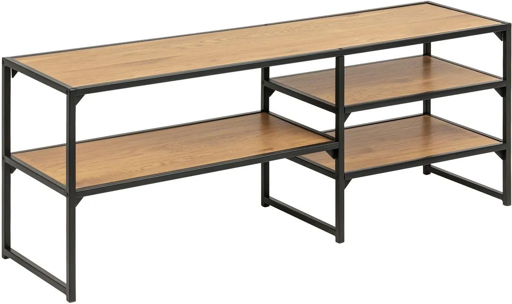 Support TV Carney 120cm pour petit salon, meuble d'angle bois et métal