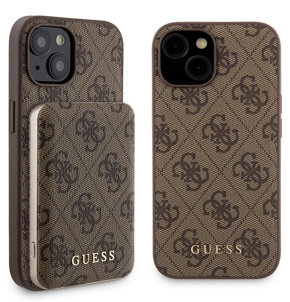 Guess Bundle Pack MagSafe 4G Metall Gold Logo - Etui Set + Power Bank 5000mAh MagSafe iPhone 15 (braun)
