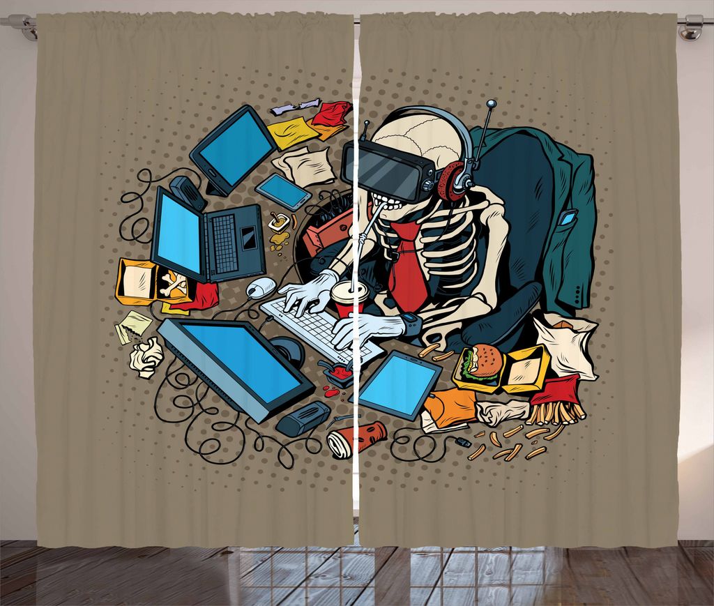 ABAKUHAUS Gamer Rustikaler Gardine, Skelett in der Virtual Reality, Schlafzimmer Kräuselband Vorhang mit Schlaufen und Haken, 280 x 175 cm, Mehrfa...