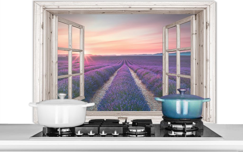 KitchenYeah Spritzschutz Küche - Küchenrückwand - Wandschutz für Herd und Spüle - Durchsichtig - Lavendel - Blumen - Holz - Sonnenuntergang ...