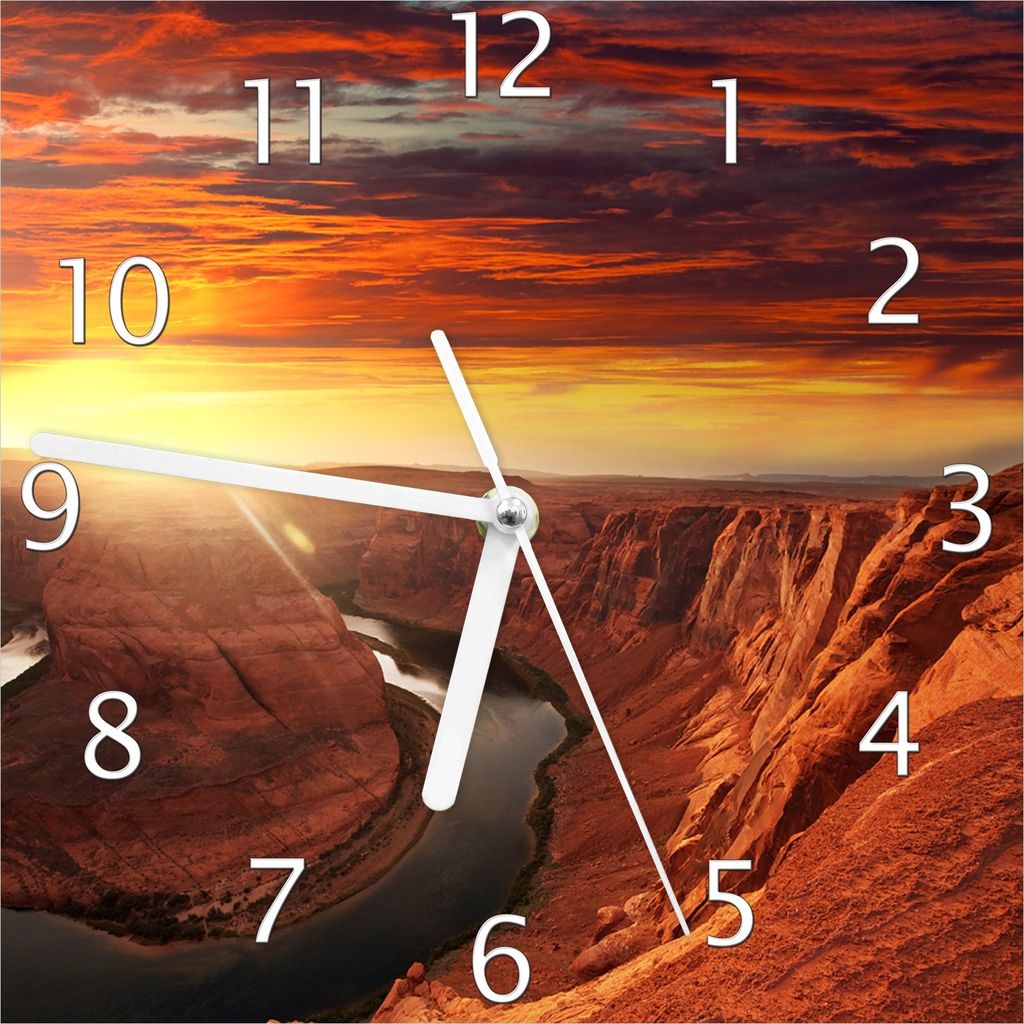 Wallario Design Wanduhr Grand Canyon bei Sonnenuntergang aus Echtglas, Größe 20 x 20 cm