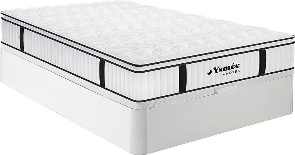 Set 140 x 190 cm Rahmen mit Box weiß + 28 cm dicke feuerfeste Matratze mit Taschenfedern und integriertem Topper - DELICE by YSMÉE HÔTEL