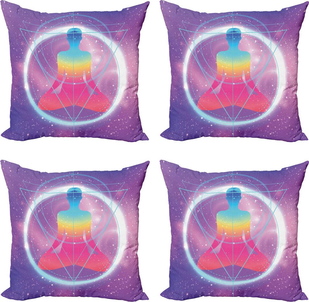 ABAKUHAUS Indie Kissenbezug Set (4 Stück), Menschliche Meditation Galaxy, Moderner Doppelseitiger Digitaldruck, 60 cm x 60 cm, Lavendel-Rosa-Blau