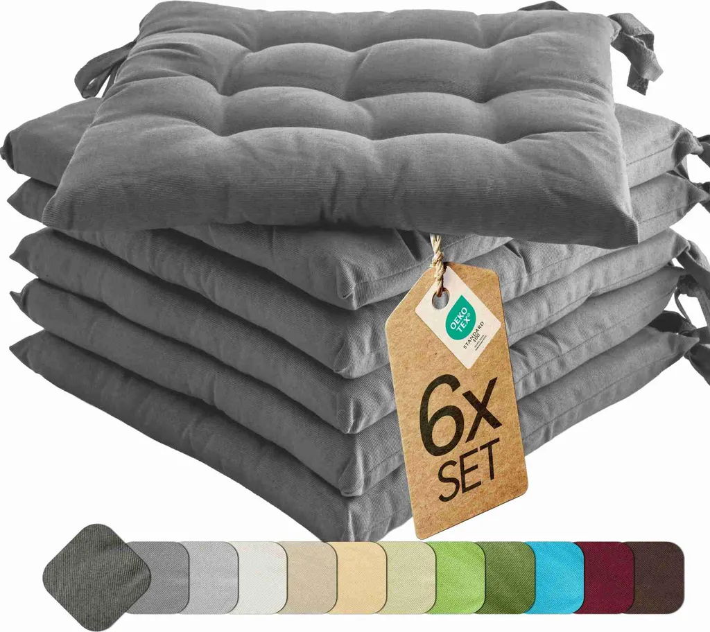Set 4 Cuscini Per Sedie Con Laccetti - 40x40 Cm, Spessore 1,8 Cm, Grigio Scuro, Antiscivolo Per Interni/Esterni - 3