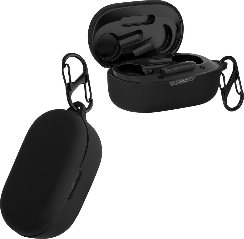 Kwmobile Silikon-Hülle Für JBL Wave 200TWS – Schwarzes Case Mit Karabiner, Ladeöffnung, Schutz Vor Kratzern