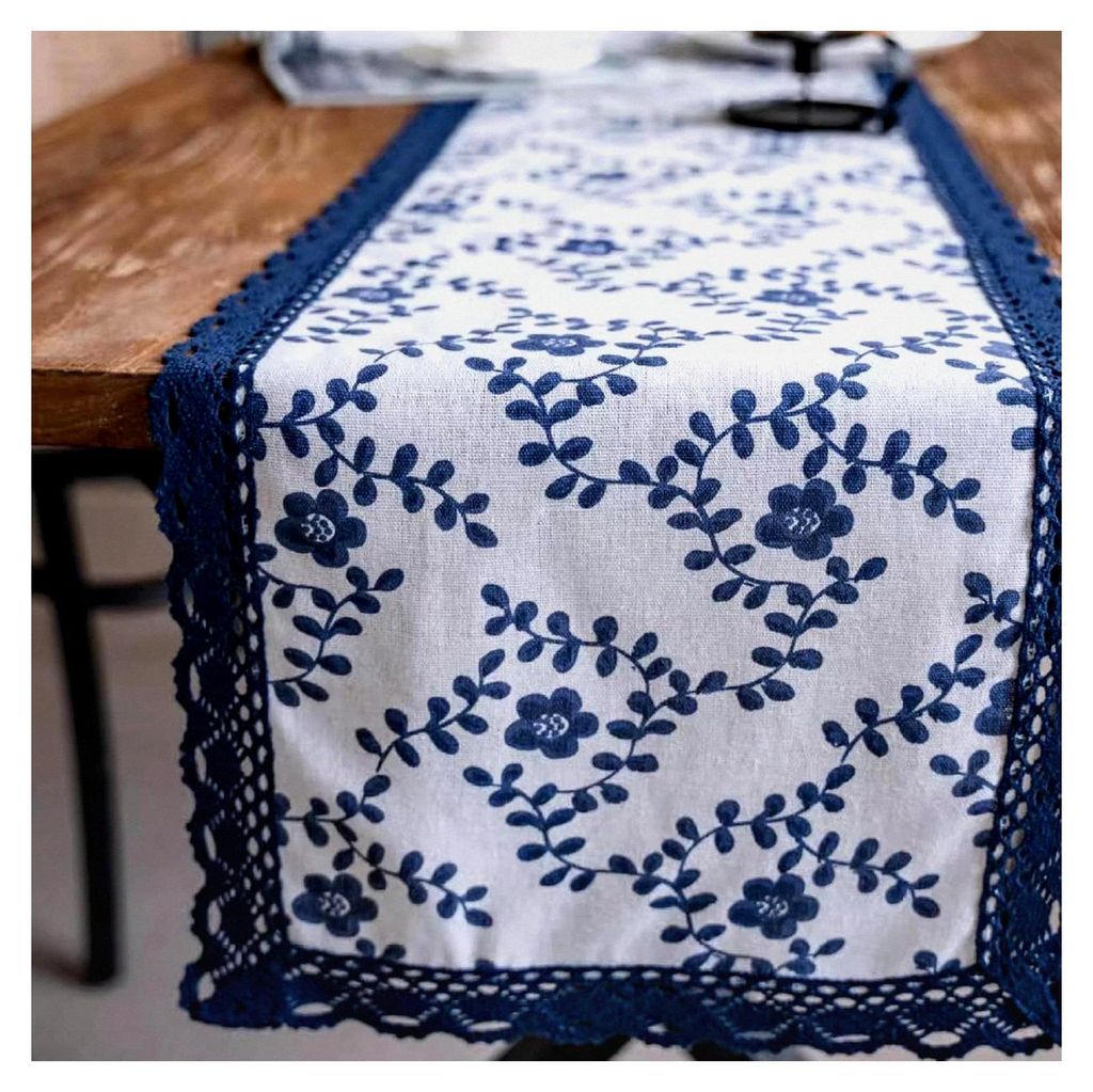 Retro Tischläufer, Blau-Weiß, Neo-Chinesischer Stil, 180x33cm, Leinen-Baumwolle, Geblümt, Vintage, für 4-6 Personen, Heimdekoration