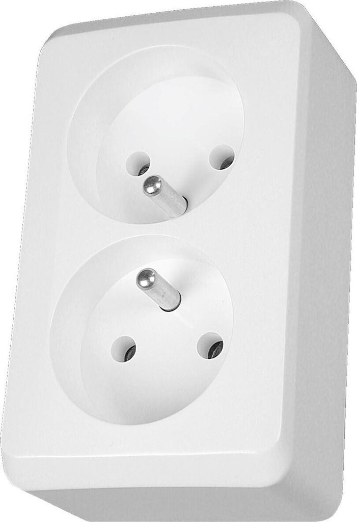 A white double electrical socket with grounding pins.