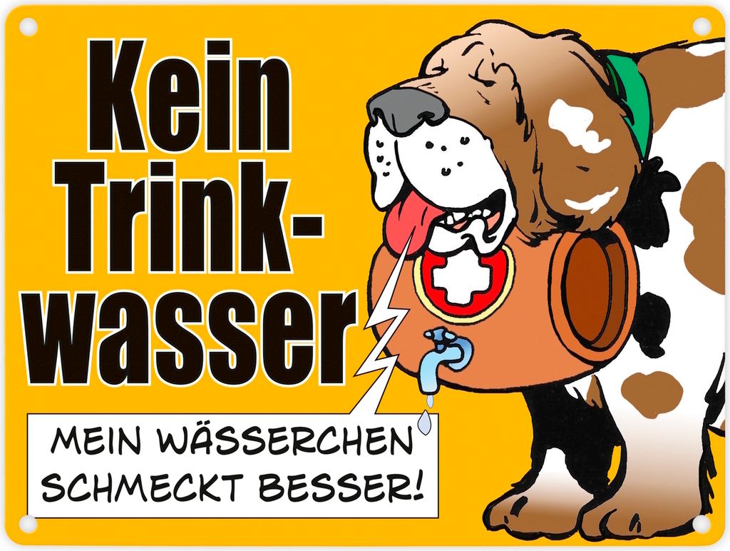 Kein Trinkwasser Metallschild in 15x20 cm in gelb mit Schweizer Alpenhund