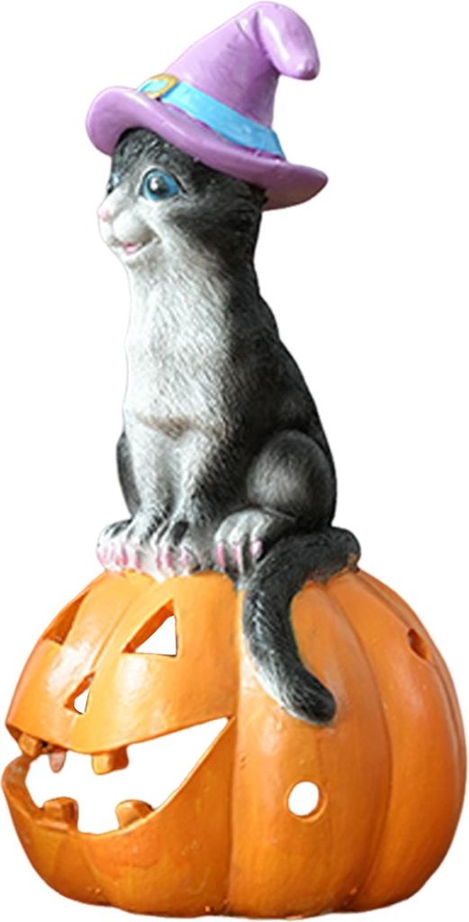 Halloween-Katze auf Kürbis-Figur, süße Kürbis-Katzenstatue, Kunstharz-Skulptur für den Innenbereich, für Regal, Tischplatte, Schlafzimmer, Ei...