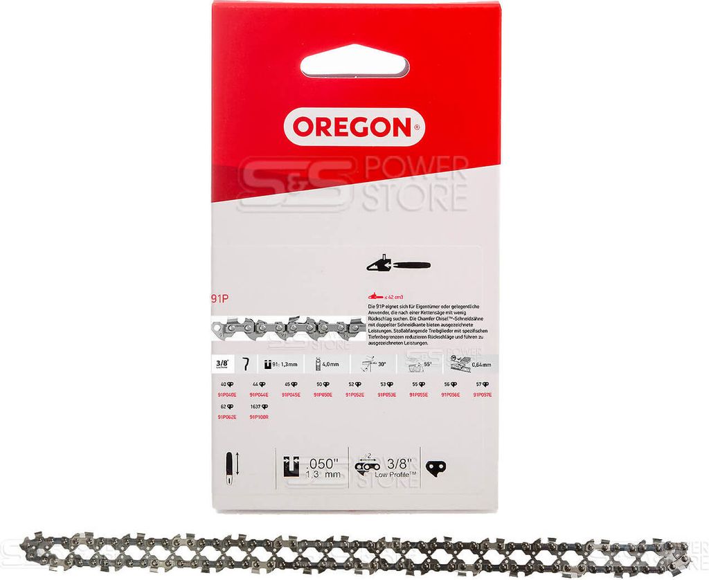 A product package for a chainsaw chain with a sample of the chain shown below.
