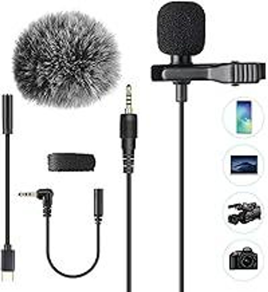AGPTEK Lavalier Mikrofon, 2m Mini Omnidirectional Kondensator mit 2 Transformation und Type C Adapter und Windschutz für Interview, Videokonferenz...