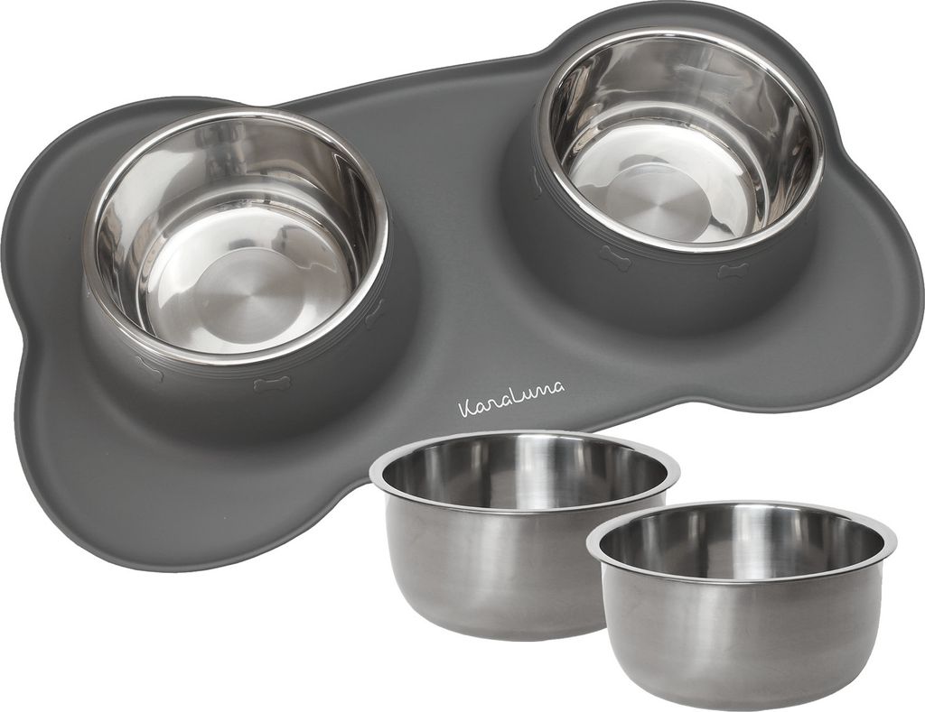 Silikonischer Futternapf mit Edelstahl-Futternapf | Für Katzen & Hunde (850ml, Grau)