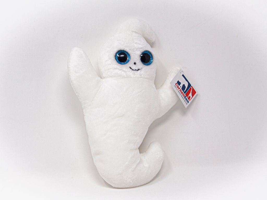 A white plush ghost toy with large blue eyes and a small smile, holding a tag in its right hand, against a white background.