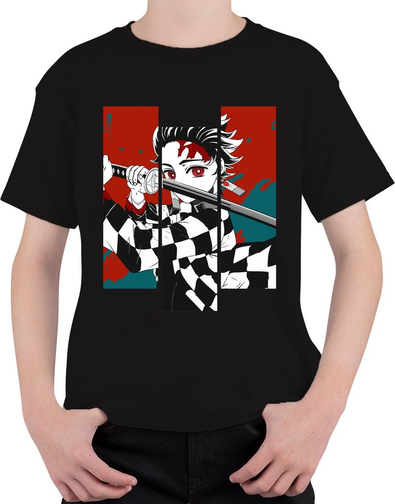 Demon Slayer Dämonenjäger Katana Karomuster Anime Manga Geschenk Uni Kinder T-Shirt, Schwarz, 104