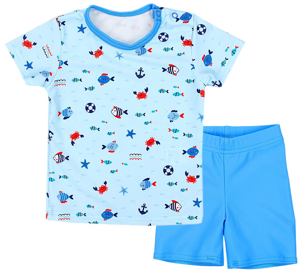 Aquarti Baby Jungen Bade-Set Zweiteiliger Kinder Badeanzug T-Shirt Badehose UV-Schutz, Farbe: Kleine Fische Hellblau / Blau, Größe: 104