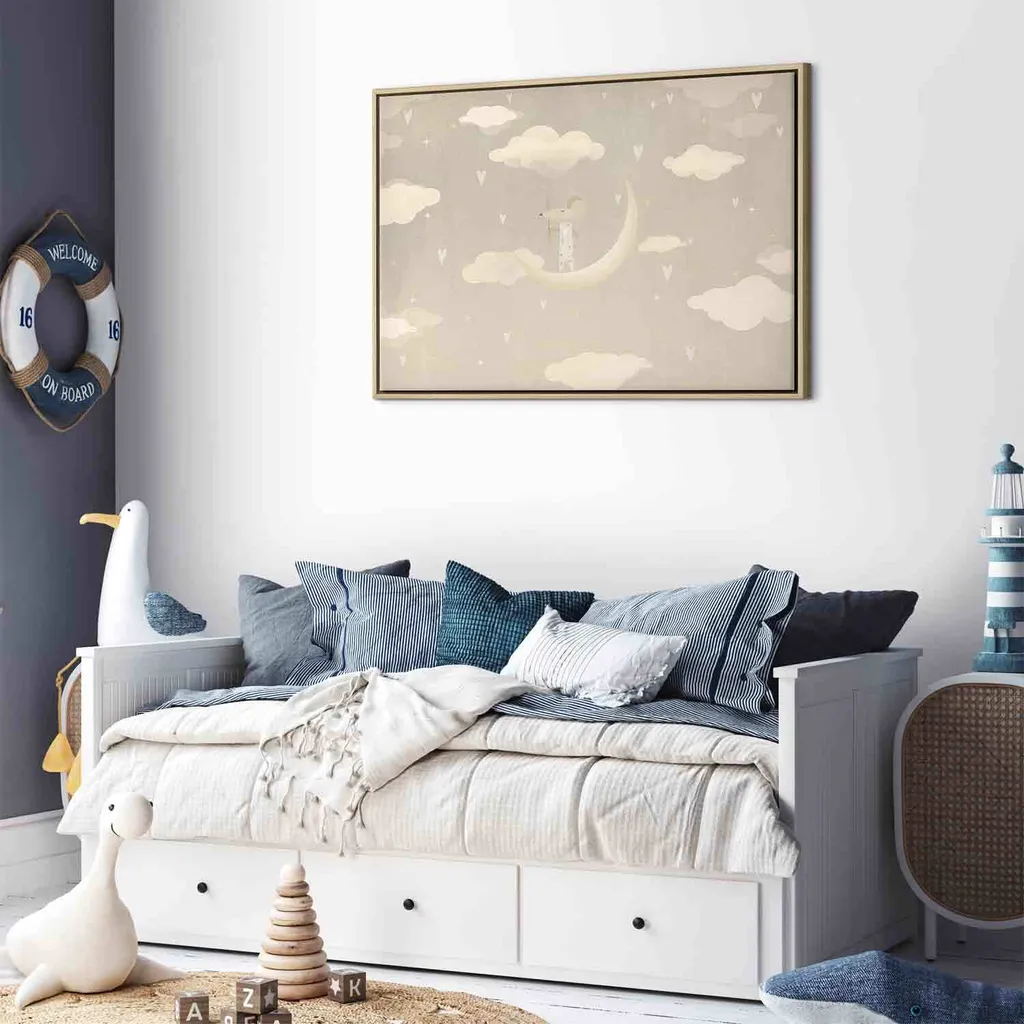 Italienischer Leinwand Leinwandbild - Piccolo conquistatore - Un topolino in pigiama sulla luna tra le nuvole 60x40 cm Für Kinder e-A-10136-b-a - 6