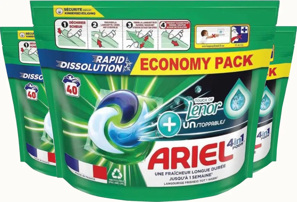 Ariel 4 en 1 et Lenor Unstoppables : Lessive Puissante 3x40 Lavages XL