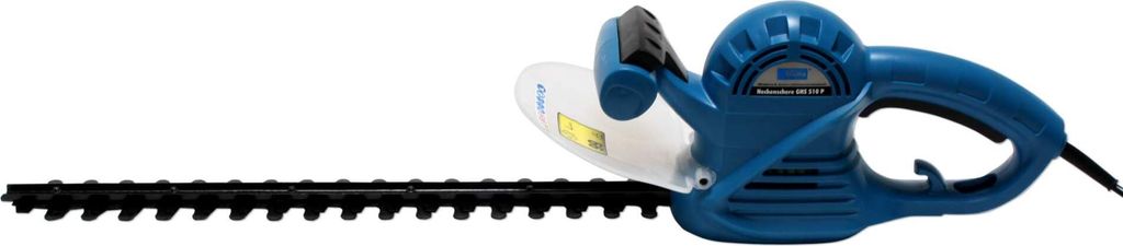 A product shot of a blue and white hedge trimmer against a white background.