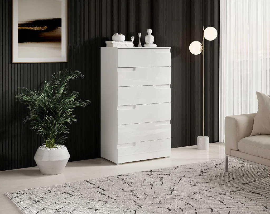 Rangement chambre : Commode 6 tiroirs blanc brillant gain de place 65cm