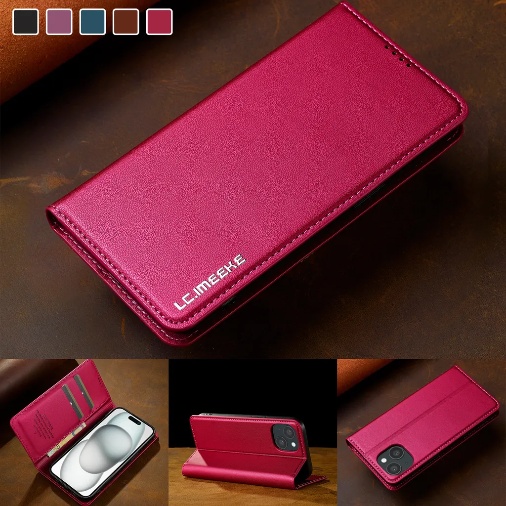 Custodia iPhone 15 Pelle Rossa Magnetica Flip - Protezione Elegante - 3