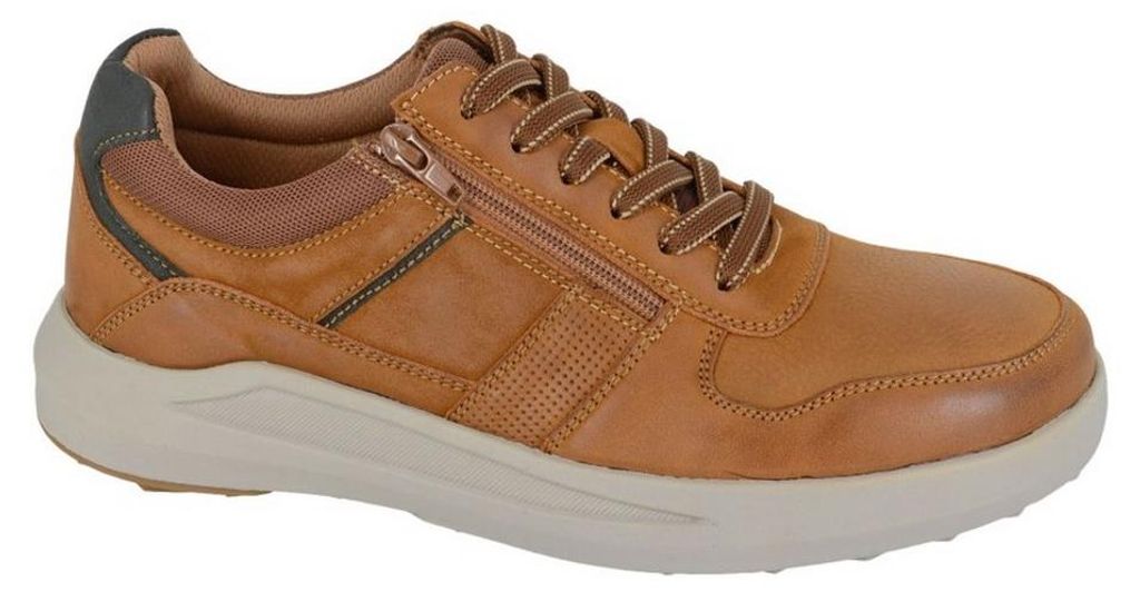 Route 21 - "Original Denim" Sneaker für Herren, Leder, Reißverschluss DF4665 (47 EU) (Hellbraun)