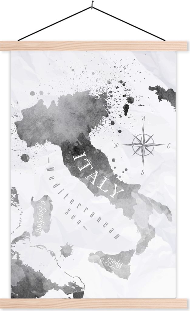 MuchoWow Textilposter Italien - Karte - Aquarell 120x180 cm mit holzfarbenen Rahmen - Textil-Plakat