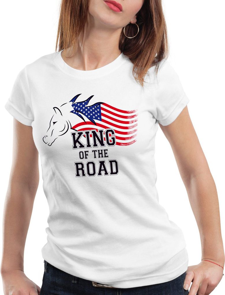 style3 King of the Road Damen T-Shirt Amerika America Muscle Car, Farbe:Weiß, Größe:M