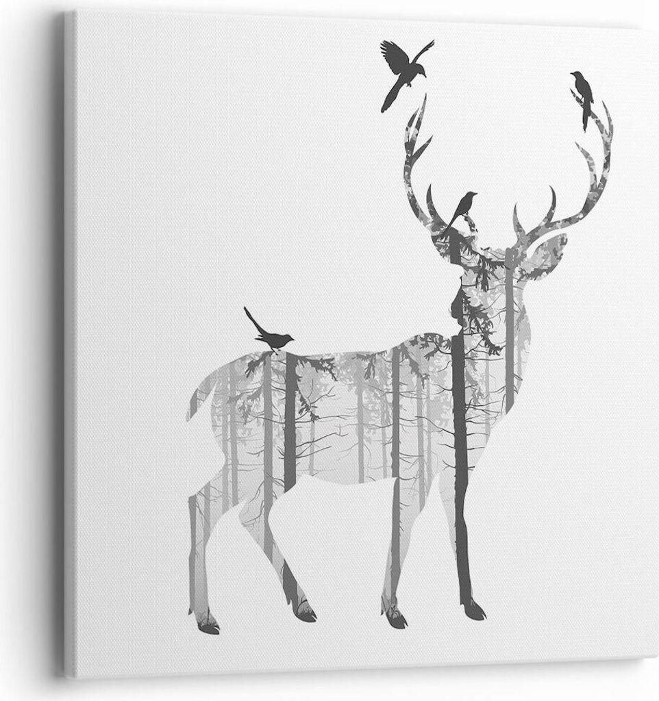 Bild auf Leinwand - Leinwandbild - Hirsch Herbst Wald Illustration - 40x40cm - Wand Bild - Wanddeko - Leinwanddruck - Bilder - Kunstdruck - Wanddek...