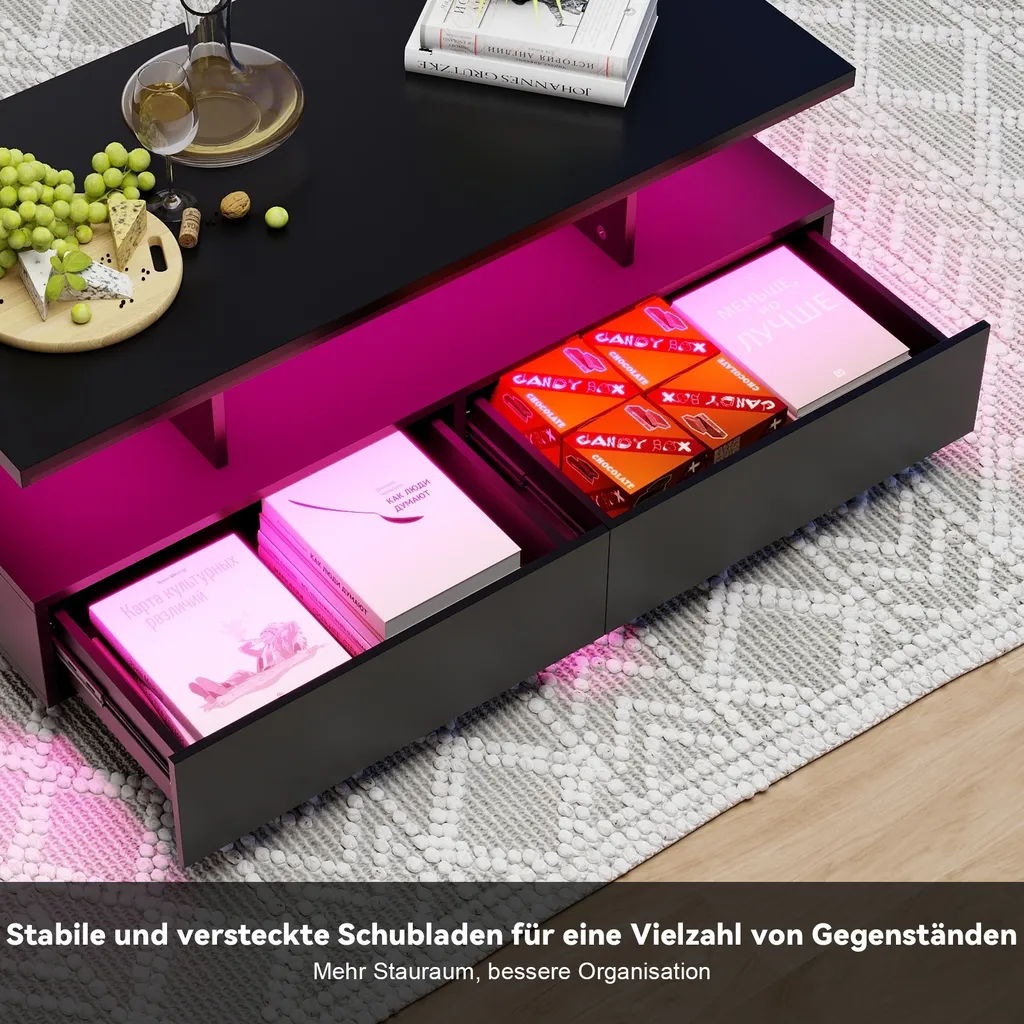Table Basse de Salon Noire Design avec LED Multicolore et Rangement - 7