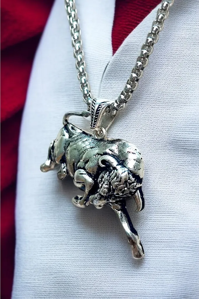 Pendentif taureau homme, collier astrologique ajustable en argent massif