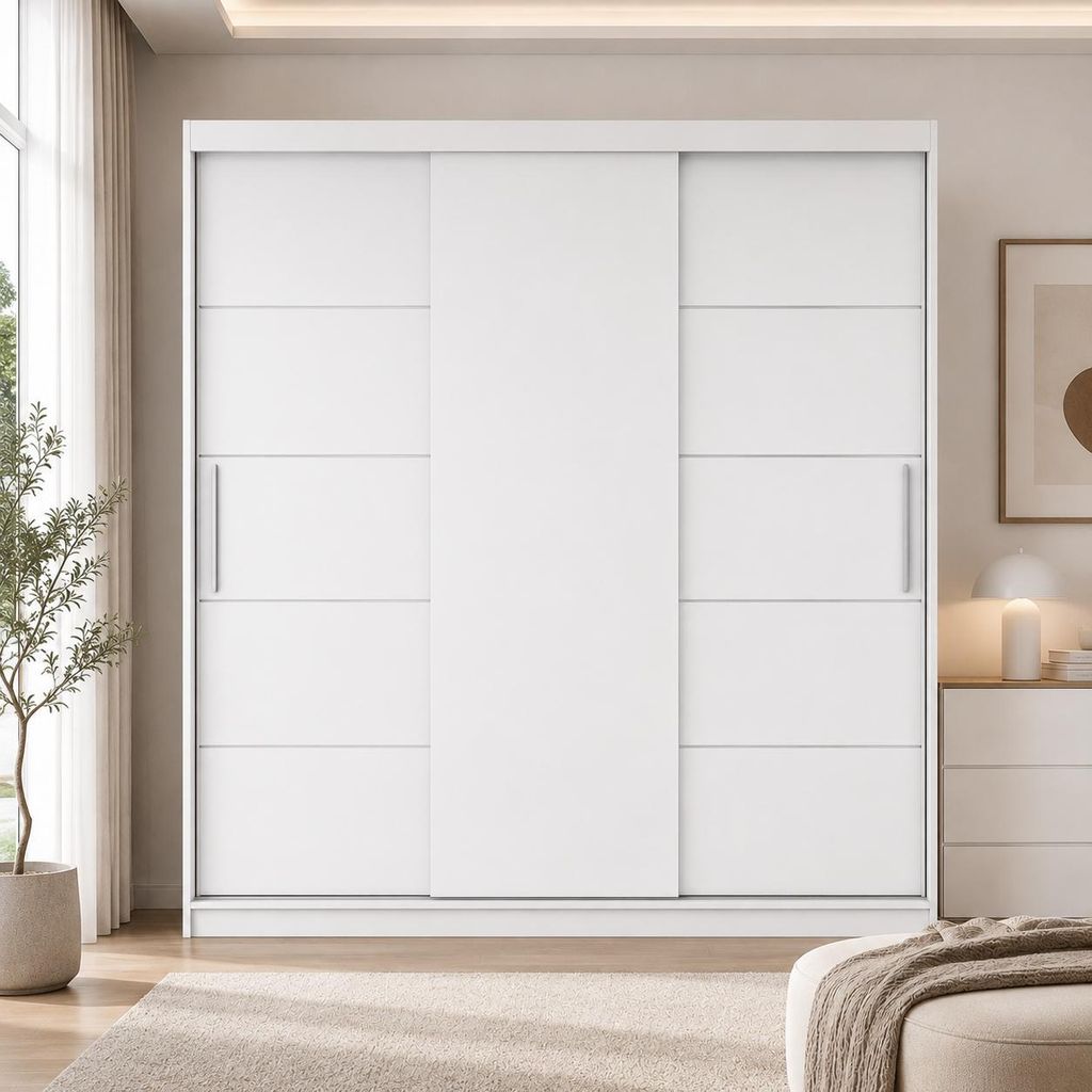 Schwebetürenschrank ABLA II 250 cm Weiß, Kleiderschrank 3 Türen, Garderobenschrank mit 9 Fächern & Kleiderstange