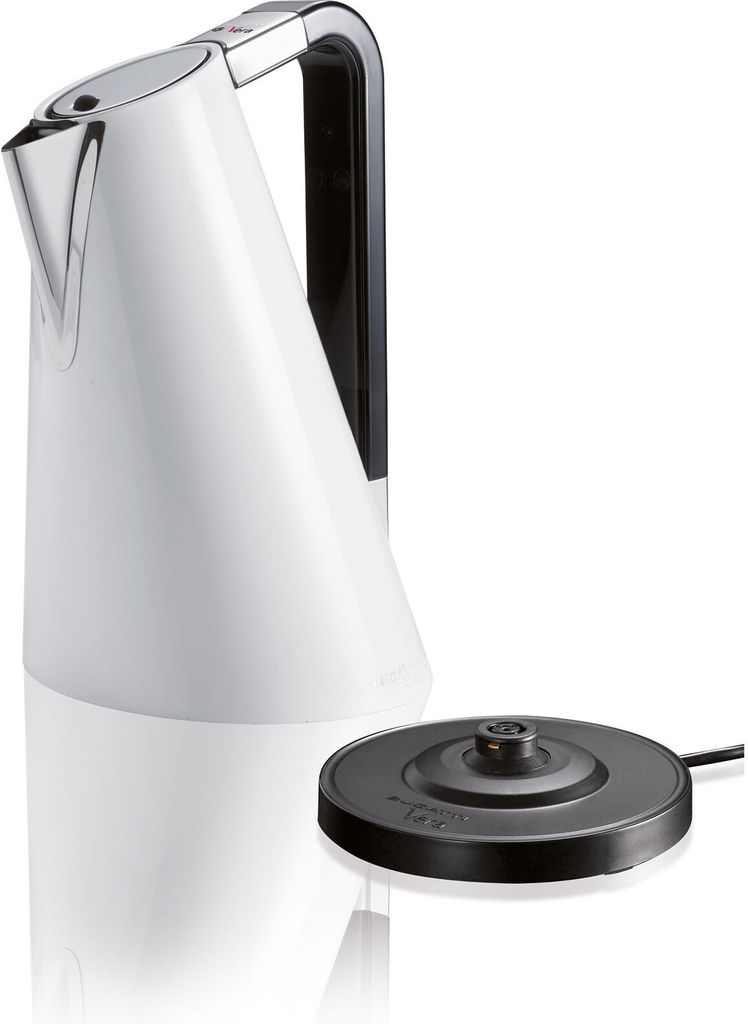 A white electric kettle and its black power base are shown against a white background.
