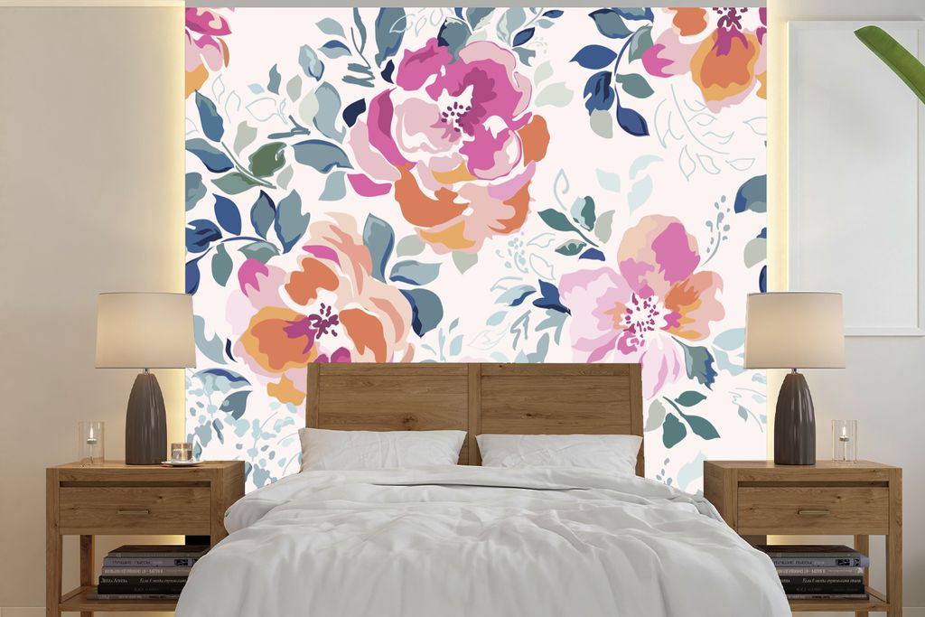 MuchoWow Fototapete für Wohnzimmer oder Schlafzimmer Wandtapete Vinyl Motivtapete Blumen - Rosen - Aquarell - 300x300 cm - Wanddekoration