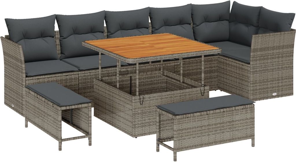 Möbel 9-teiliges Garten-Sofa-Set mit Kissen Grau Poly-Rattan Akazie, 3-teiliges Garten-Dining-Set mit Kissen Grau Poly-Rattan Akazie - Gartensofas...