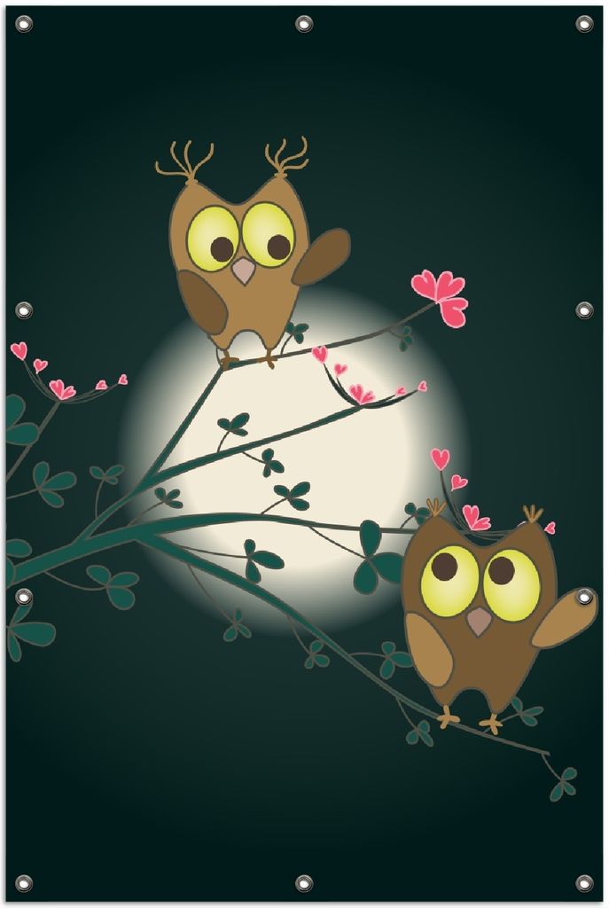 Wallario Outdoor-Poster für Garten oder Balkon, Motiv Süße verliebte Eulen auf dem Ast bei Nacht im Mondschein, in ca. 100 x 150 cm