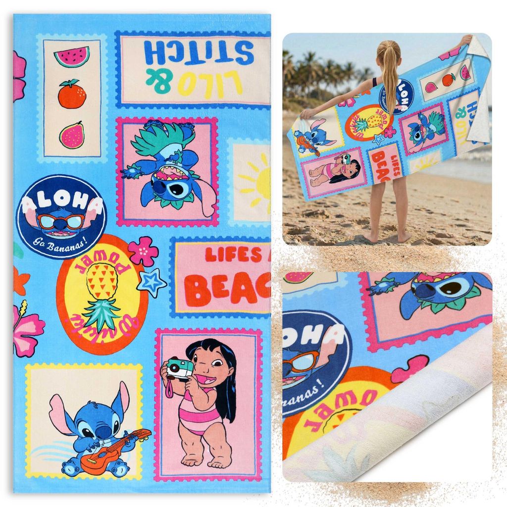 DISNEY Stitch farbenfrohes, schnelltrocknendes Strand- und Badetuch aus 100 % Baumwolle, Größe 70 x 140 cm,