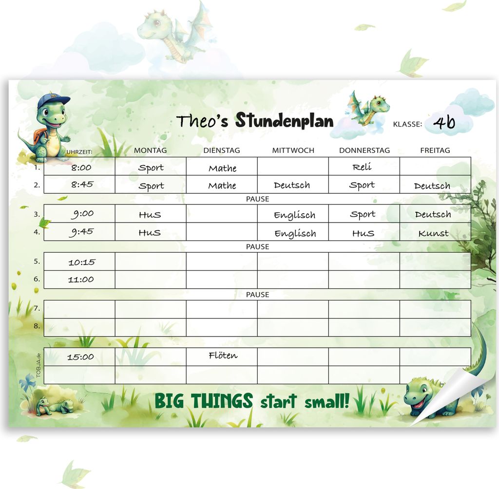 Dino Drache Stundenplan 1. Klasse - A4 Block, 25 Seiten - Einschulungsgeschenk Füllung Schultüte Jungen u. Mädchen, Stundenplan Papier