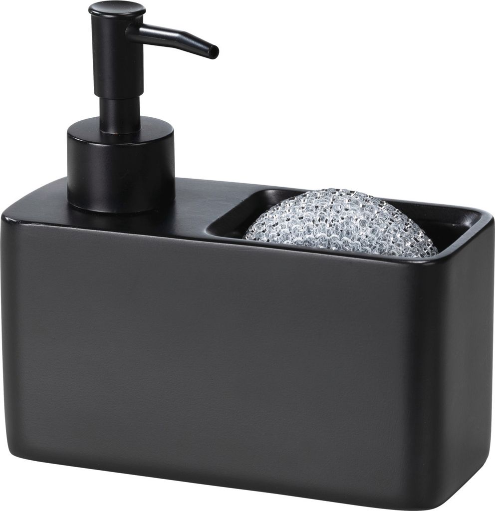 A black soap dispenser with a sponge holder.