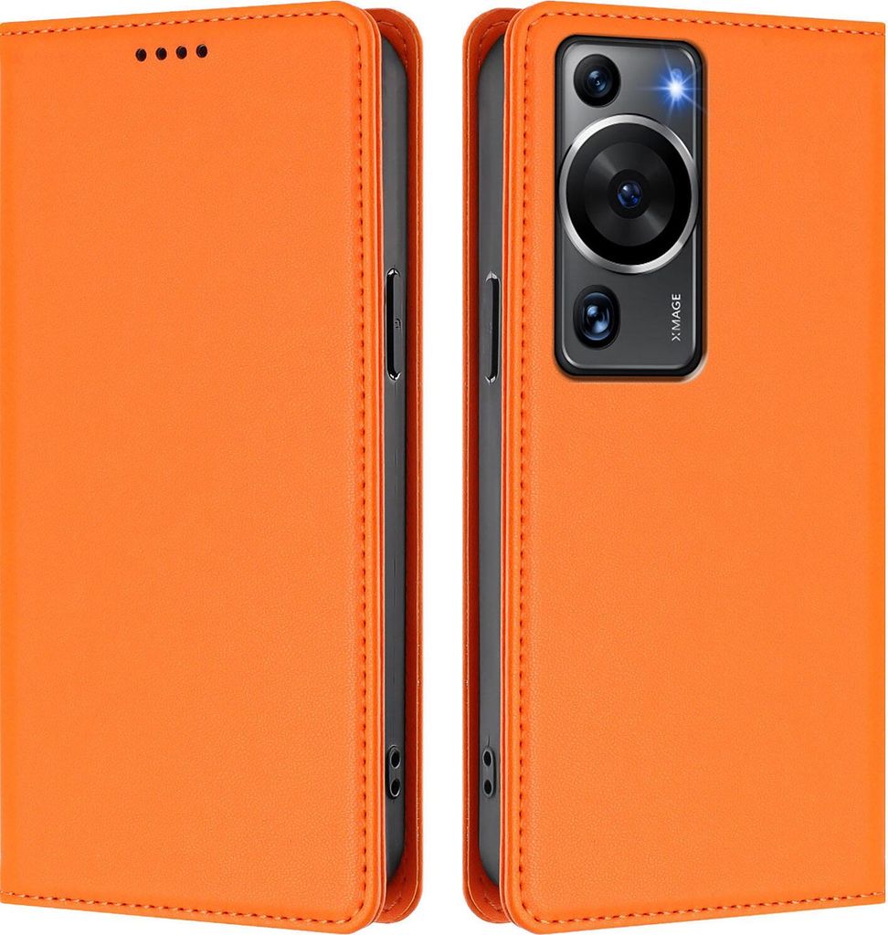 Handyhülle für Huawei P60 / P60 Pro, Kunstleder Klapphülle Stoßfeste Magnetische Hülle mit Ständer Orange