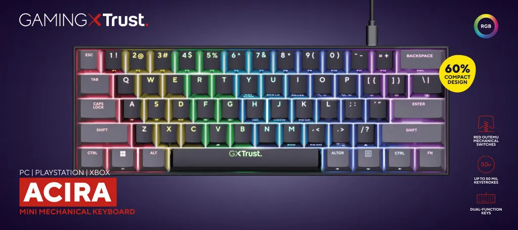 Clavier Gamer RGB Trust GXT 867 Acira Compact et Switchs Réactifs