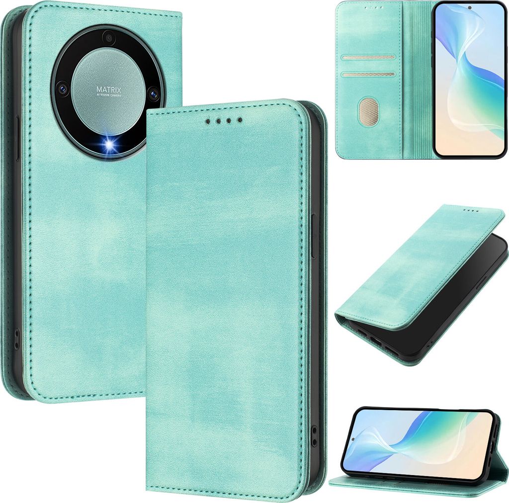 Handyhülle für Honor X9A / Magic5 Lite, Vintage Leder RFID Schutz Kartenfach Standfunktion Magnetische Klapphülle Türkis