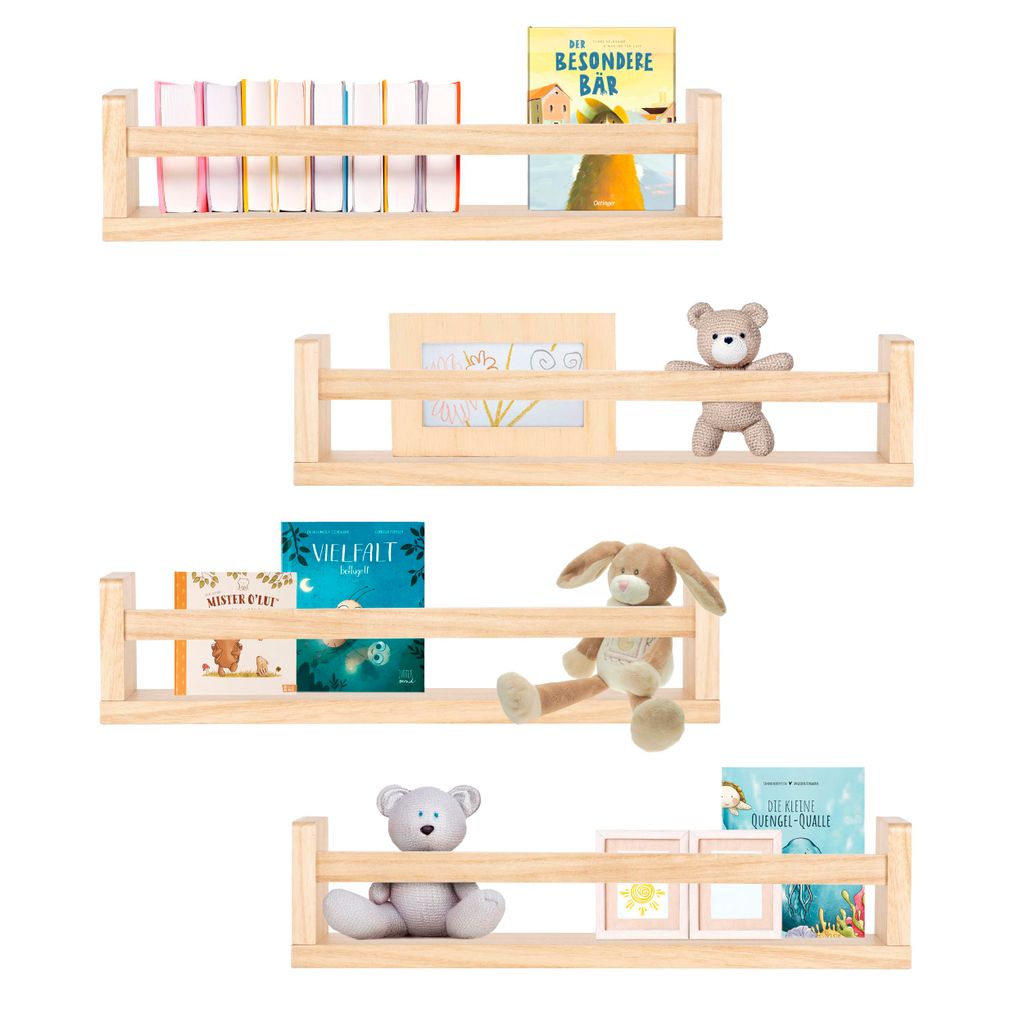 Four wooden shelves mounted on a white background, each displaying books and decorative items.