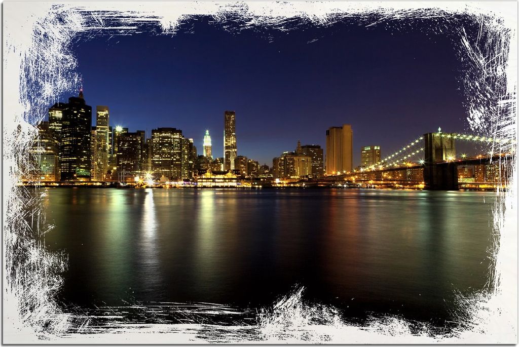 Kunstdrucke Wandbilder Holz in : Brillante Farben, Größe 60 x 90 cm Motiv New York Skyline - Brooklyn Bridge und Manhattan am Abend