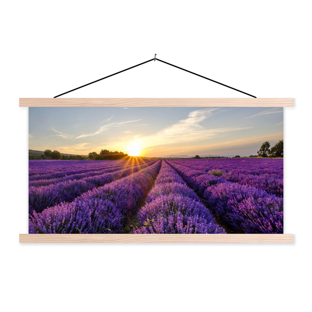 MuchoWow Textilposter Lavendel - Blumen - Sonnenuntergang - Lila 120x60 cm mit holzfarbenen Rahmen - Klemmleiste