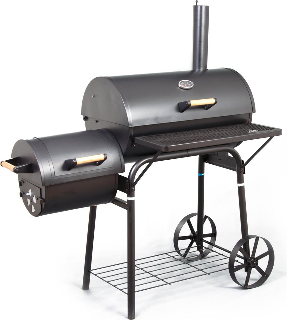 A black charcoal grill with a side smoker attachment, shown on a white background.