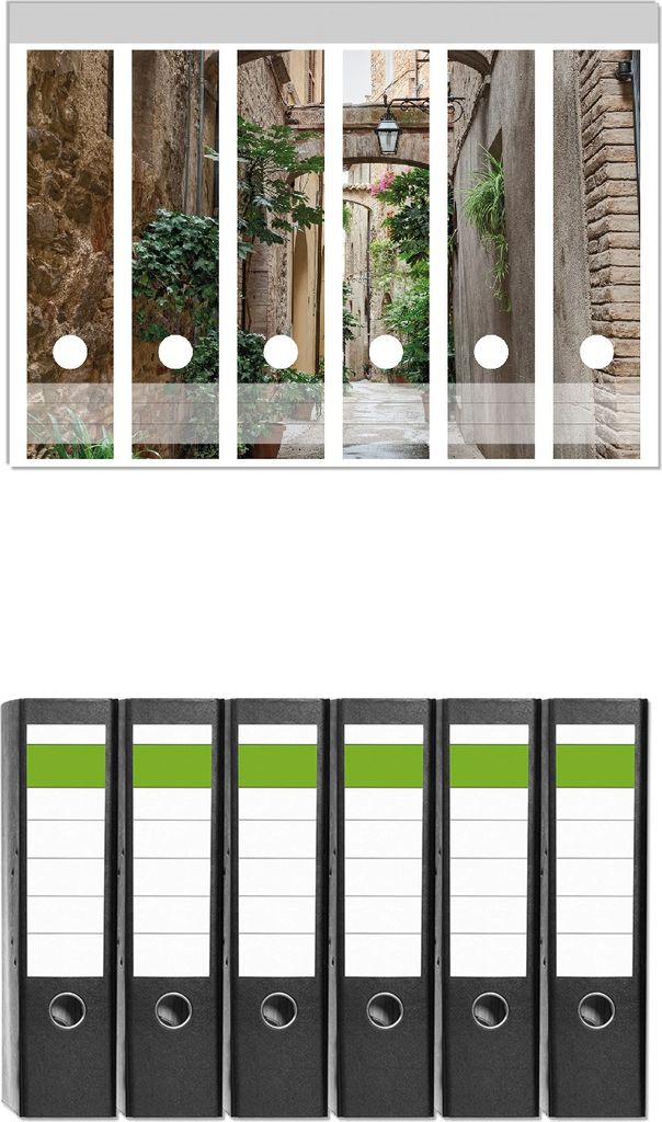 Wallario 6 Stück breite Ordner inkl. Klebeetiketten mit Motive Grüne italienische Gasse - mit alten Bögen - Set mit Rückenschildern / Ordnerr...